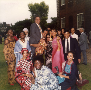 Sir Shridath Ramphal and staff of the Commonwealth Secretariat at Marlborough House on the occasion of the twentieth anniversary of the Secretariat's founding. Credit: Commonwealth Secretariat